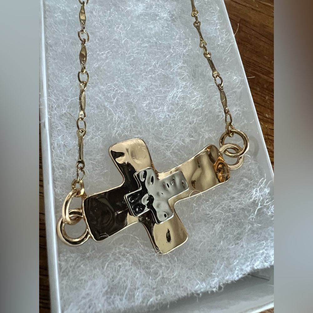 Hammered Sideways Cross, Unisex Silver/Gold tones, Unbranded.